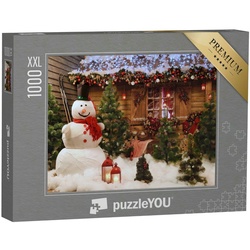puzzleYOU Puzzle Puzzle 1000 Teile XXL „Festtagsstimmung: Weihnachtsfoto mit Schneemann, 1000 Puzzleteile, puzzleYOU-Kollektionen Weihnachten