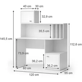 Vicco Schreibtisch Alwin Weiß, 115 x 55 cm mit 2 Türen,