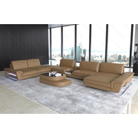 Sofa Dreams Wohnlandschaft Sofa Leder Bari XXL U Form Ledersofa, Couch, mit LED, verstellbare Rückenlehnen, Designersofa beige|braun|goldfarben