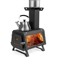 COSTWAY Raketenofen Outdoor, 2 Kochflächen mit Sichtscheibe und Aschepfanne, Zeltofen Campingofen