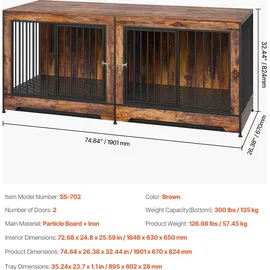 Vevor Hundekäfig Möbel für 2 Hunde, 1901 x 670 x 824 mm Doppel-Hundebox für große Hunderassen mit Trennwand & Doppeltüren, Hundehaus aus Holz, Beistelltisch für mittelgroße und große Hunde, Braun