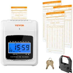 VEVOR Stempeluhr Stechuhr Zeiterfassung 102 Stempelkarten, Elektronisches Stempeluhr inkl. 2 Schlüssel + 1 Band, Weiße Elektronische Wandmontierte Stechuhr für Kleinbetriebe, Büros, Fabriken usw.