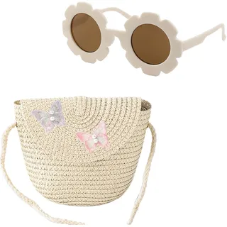 CWPFVQA 1 Umhängetasche Aus Schmetterlingsstroh Mit 1 Sonnenbrille In Blumenform, Strohtasche Für Mädchen, Mini-Umhängetasche Für Kinder, Süße Kleine Aufbewahrungstasche - S-M