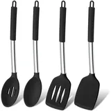 Onader Küchenhelfer Set, 4 Stück Silikon Pfannenwender Kochlöffel Set, Hitzebeständig Küchenutensilien Set mit Edelstahlgriff, Gesund & Spülmaschinenfest – Schwarz