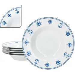 Ahoi 6x Suppenteller 180ml Porzellan 6 Pers. tiefe Teller Pasta nautisch Anker