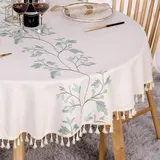 SUCHDECO Tischdecke Rund 140 cm Weiß Leinen Baumwolle Tischdecke Runde Abwaschbar Knitterfrei Tischtuch mit Grüne Gestickte Blätter, Quasten für Küche, Esszimmer, Esstisch,Couchtisch, Gartentisch