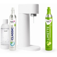 Sparpaket: Mysoda Woody - Wassersprudler aus erneuerbarem Holzkomposit mit 1L BPA-freier Plastikflasche, CO2-Zylinder Classic + CO2-Zylinder Limette (Weiß)