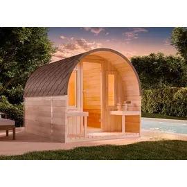 FinnTherm Fasssauna ScandiPod Premium Fasssauna 2 Sitzbänke aus Holz , Sauna mit 42 mm Wandstärke, Außensauna mit Montagematerial - Finntherm