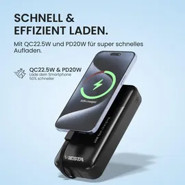 Viesta Powerbank 20.000 mAh USB-C – 22,5 W Fast Charging, PD20 W, Type-C & Micro-USB Kabel, Digitalanzeige & LED-Taschenlampe – Schwarz - Schwarz