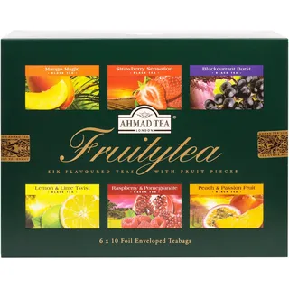 Ahmad Tea - Fruitytea – Schwarz- und Grüntee Sortiment - 6 Sorten – Mango, Erdbeere, Johannisbeere, Zitrone & Limette, Himbeer & Granatapfel, Pfirsich & Passionsfrucht – Aromaversiegelt - 60 Teebeutel