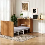 Klappbett Holz & Metall Natur/weiß 90x200 Cm Mit Drehbarem Schreibtisch, Matratze Und Rollen
