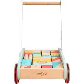 owl & fox Holz-Lauflernwagen mit 29 bunten Bausteinen – Traditionelles Schiebespielzeug zur frühen Entwicklung & Aktivität – Nachhaltig produziert – Ab 12 Monaten