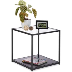Relaxdays Beistelltisch Glas+Holzablage, Metallgestell, robust, quadratisch, flacher Couchtisch HBT 50x50x50 cm, schwarz