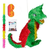 Relaxdays 4 TLG. Pinata Set Drache, XXL Konfetti Sack, Pinatastab mit Augenmaske, Geburtstagspinata, Pinatastock & Augenbinde, bunt