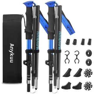 Anykuu Wanderstöcke Faltbar 2PCS Walking Stöcke Verstellbar 110-130cm Ultraleichte Trekkingstöcke mit 6 Paar Zubehör Hiking Poles Aluminium für All Terrain Walking Poles zum Wandern Skifahren