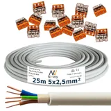 NYM-J 5x2,5 mm2 25m Mantelleitung Installationskabel mit 15 Stück WAGO Klemmen M128 ...