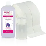 NAILS FACTORY Nagel Cleaner Set mit Duft 500ml + Dispenser Pumpflasche Weiss 150ml + 1000 Zelletten Cellulose Pads (2 Rollen à 500 Stück) - 70% Isopropanol-Alkohol – für Gelnägel – (Flora)