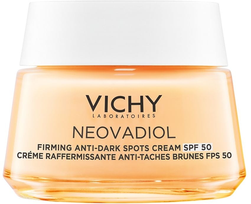 Vichy Neovadiol Straffende Anti-Pigmentflecken Creme LSF 50 mit 3-facher Anti-Aging-Wirkung und dem höchsten Lichtschutzfaktor 50.