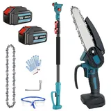Mini Kettensäge mit 2pcs Akku 5500mAh Und Ladegerät, 6 Zoll Mini Kettensäge Elektro mit Teleskopstange 1,3-2,5m, Handkettensäge Akku für Gartenscheren Astschere Holzschneidenz