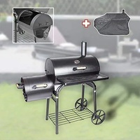 DRULINE Smoker - Grill – inkl. Abdeckhaube - BBQ - Holzkohlegrill - Lokomotive - Stahl schwarz - Grillflächen ca. 66 x 41 cm/30 x 30 cm - Geschenk für Männer