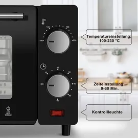 Woltu 10 Liter, 650 Watt Toasterofen Pizzaofen Backblech mit Timer 0-60 Min., Miniofen Grillrost Entnahmegriff, Schwarz