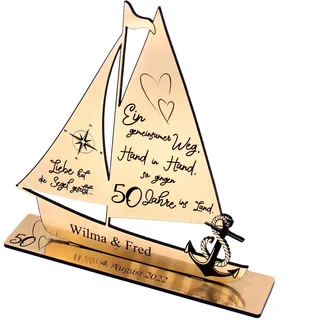 DEKOLANDO Segelboot aus Kunststoff – Geschenk zur Goldenen Hochzeit – personalisiert mit Namen & Datum – 50 Jahre Ehe – Maritime Deko mit Gravur