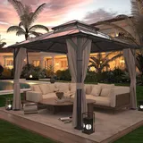 Amopatio Gartenpavillon 3x3 m Wasserdicht Stabil Winterfest, Pavillon mit Polycarbonat - Doppeldach, Hardtop Pavillon mit Seitenteile für Garten, Terrassen (Champagner)