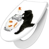 banjado® Premium Toilettendeckel mit Absenkautomatik 44x37cm mit Motiv Katze Und Fisch - WC Brille Soft Close - hygienischer Toilettendeckel/Klodeckel Duroplast mit Edelstahl Scharnieren