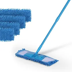 Bodenwischer Set ( Blau ) inkl. 4 Ersatzbezüge - Wischmopp mit Fußklick 360 Grad Gelenk für alle Ecken - Komfort Bodenreiniger Flachmopp Wischmopp