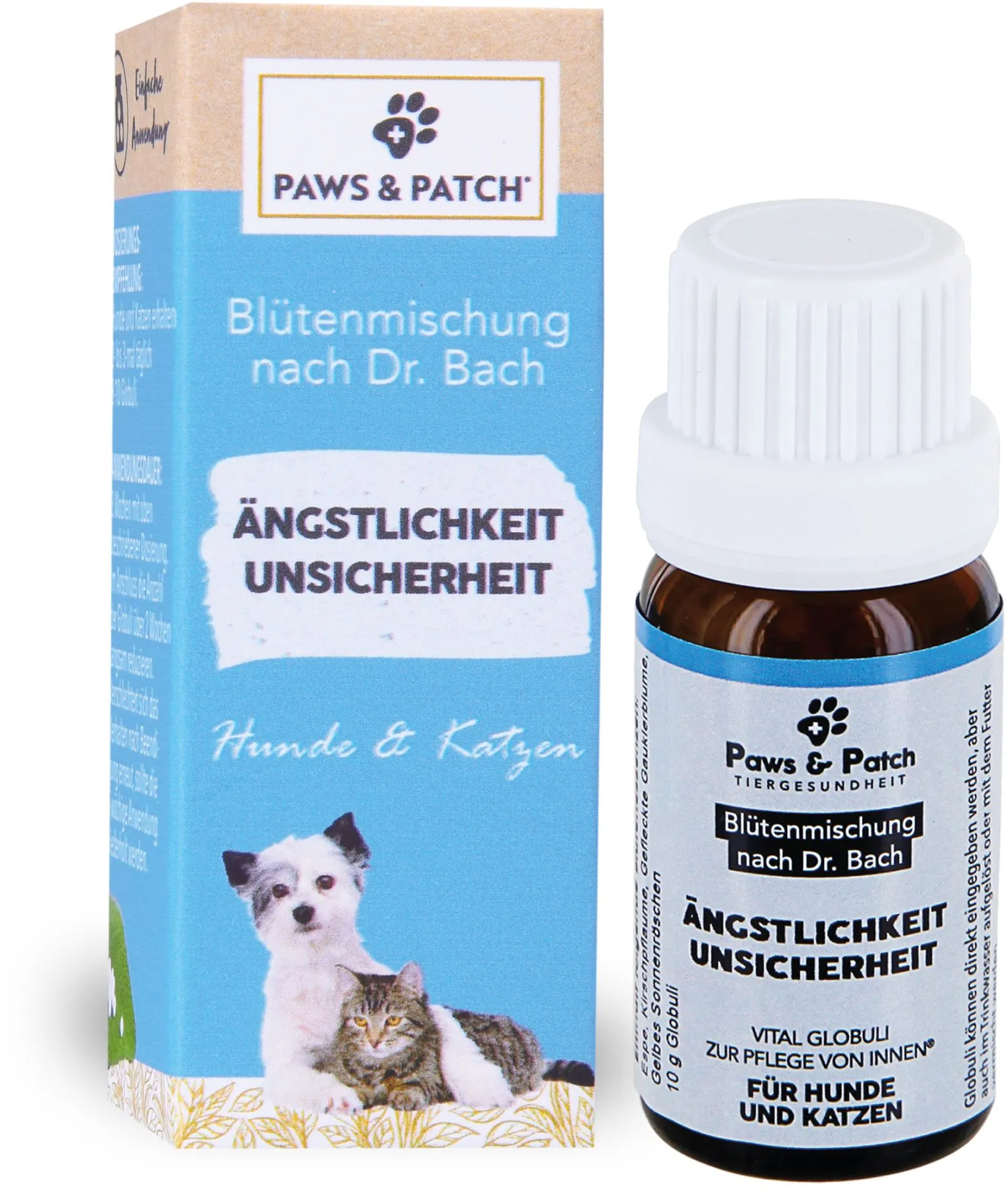 Paws&Patch Blütenmischung nach Dr. Bach Ängstlichkeit Unsicherheit für Hunde und Katzen Globuli 10 g