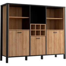 Forte HIGH Rock Bücherregal mit 3 Türen, Holzwerkstoff, schwarz/Riviera Eiche, B x H x T: 139,4 cm