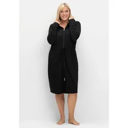 Morgenmantel SHEEGO "Große Größen", Damen, Gr. 48/50 L: 110.00cm, schwarz, Baumwoll-Mix, unifarben, Kurzform, Hausmäntel, mit Reißverschluss, aus Interlock-Qualität