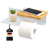 ELUNO Toilettenpapierhalter VARAZ mit 2 Ablagen, Selbstklebender Toilettenpapierrollenhalter, WC-Rollenhalter mit Klebeband zum Kleben oder zum Bohren, aus weißem Metall und Bambus