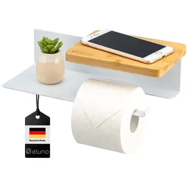 ELUNO Toilettenpapierhalter VARAZ mit 2 Ablagen, Selbstklebender Toilettenpapierrollenhalter, WC-Rollenhalter mit Klebeband zum Kleben oder zum Bohren, aus weißem Metall und Bambus