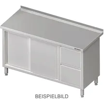 Stalgast Arbeitsschrank mit Schiebetüren, 1500x700x850 mm, mit 2er Schubladenblock links, mit Aufkantung, verschweißt