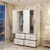 Schlafzimmerschrank Aus Weißem Massivholz - 2 Spiegeltüren Und 4 Schubladen - Skandinavischer Kleiderschrank, Schwarze Griffe