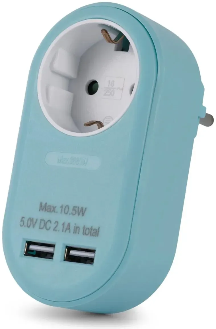 Entac Netzteil 1 Schukosteckdose und 2 USB (insgesamt 2,1 A) Blau