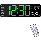 13 Zoll/16 Zoll Digitale Wanduhr,LED Wanduhr Groß Display, Digital Uhr mit Fernbedienung,Wandwecker,Timing und Countdown mit Datum/Woche/Temperatur für Schlafzimmer,Wohnzimmer (Grün, 13 INCH)