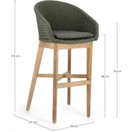 BIZZOTTO Barhocker Coachella aus Teakholz mit Kissen, modern skandinavisch, grün, Outdoor geeignet