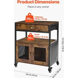 Vevor Kaffeebarschrank 61 x 36 x 70,5 cm Kaffeebarschrank im Landhausstil mit 4-stufigem Stauraum, beweglicher Kaffeebartisch mit Rollen &Netztür,