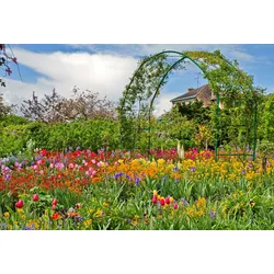 Fototapete PAPERMOON "GARTEN MONET-BLUMEN BÄUME PFLANZEN PARK STEINE BLÜTEN", bunt, B:4,00m L:2,60m, Vlies, Tapeten