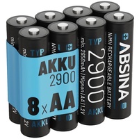 ABSINA Akku AA Mignon 2900 8er Pack - NiMH AA Akku mit 1,2V & min. 2650mAh - Aufladbare Batterien AA für Geräte mit hohem Stromverbrauch - Akkus AA für Blitzgerät, Wii & Xbox Controller