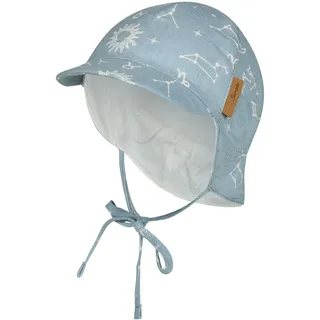 Sterntaler Schirmmütze Nackenschutz Sternbild – Leichte Kindermütze aus Baumwolle mit Sternenbildern, Gummi, Ohrenklappen, Bindebänder und Innenfutter, UV-Schutz 50+ – Graublau, Größe 41 - 41