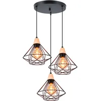 iDEGU 3-flammig Pendelleuchte Industrielle Hängelampe aus Holz und Metall Vintage Lampe mit 22cm Geometrischem Käfig Schwarz E27 Retro Hängeleuchte für Esszimmer Wohnzimmer Küche (3-flammig, Rondell)