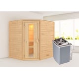 Woodfeeling Karibu Sauna Mia - 38 mm Massivholz Aktionssauna-Ohne Dachkranz-Energiesparende Saunatür mit Glaseinsatz-9 kW Ofen integr. Steuerung inkl. gratis Zubehörpaket