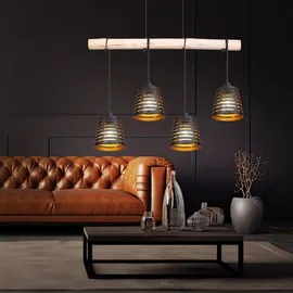 ETC Shop Pendelleuchte Holzbalken Hängelampe Retro Esszimmerlampe hängend mit vier Metallschirmen, schwarz gold, 4x E27, LxBxH 85x17x120 cm, Wohnzimmer