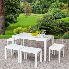 Dmora Outdoor-Lounge-Set Sanremo, Gartenset mit 1 rechteckigem Tisch und 4 Bänken, Indoor- und Outdoor-Set für Pic Nic, 100 % Italy, Weiß - Weiß