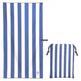 PEAQUE Mikrofaser-Handtuch mit Tasche - 80x160 cm - gestreiftes Badetuch, Reisehandtuch, Microfaser Handtücher, leicht, schnelltrocknend, dünn - Navy/Weiß