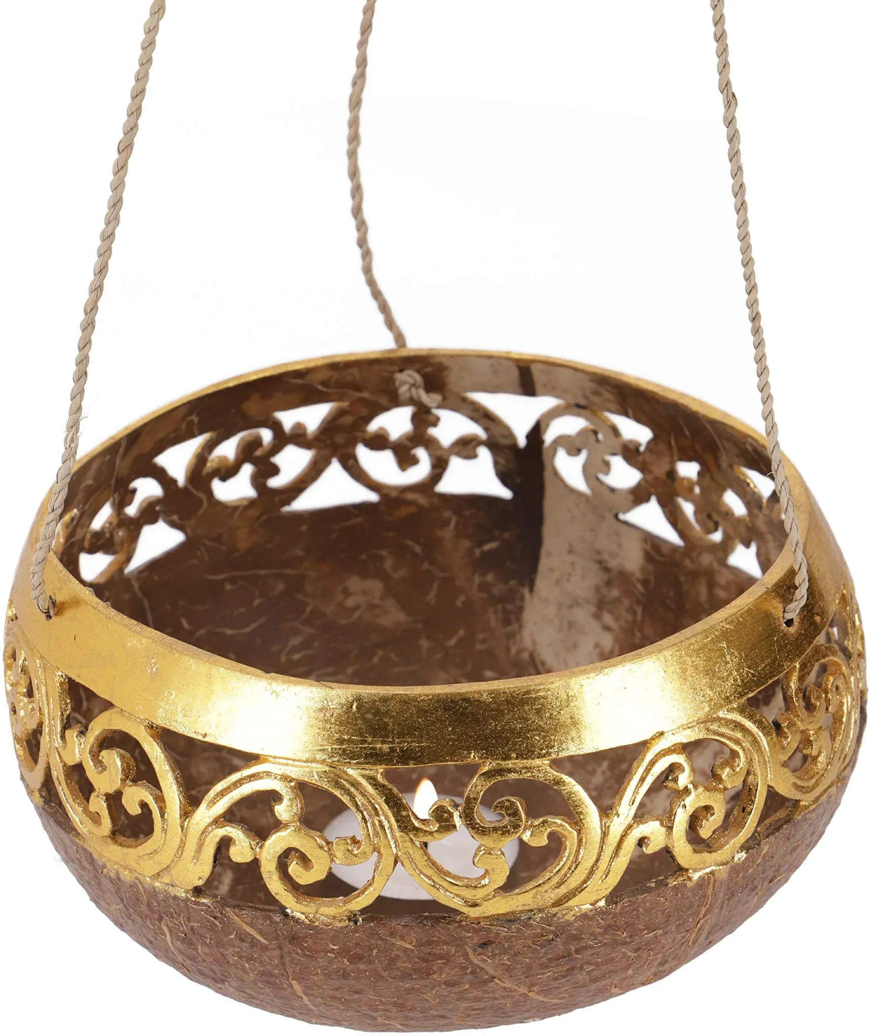 GURU SHOP Kokosnuss Teelicht zum Hängen, Dekotopf - Modell 4, Gold, 10x15x15 cm, Teelichthalter & Kerzenhalter