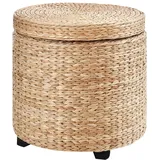 Homcom Sitzhocker mit Stauraum Deckel Abnehmbar Stroh Rattan Khaki Ø43 x 43cm